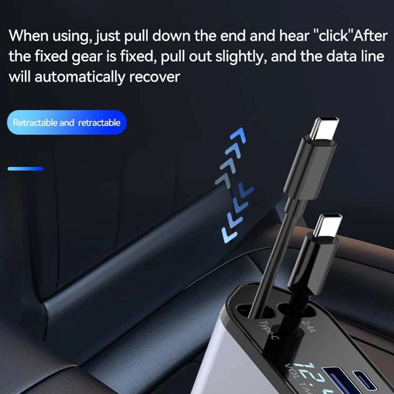 Bluejw 120W Retractable USB-C Car Charger - 4-in-1 Fast Charging Automobile Charger for iPhones & Cameras with Built-in Cable - Image 3